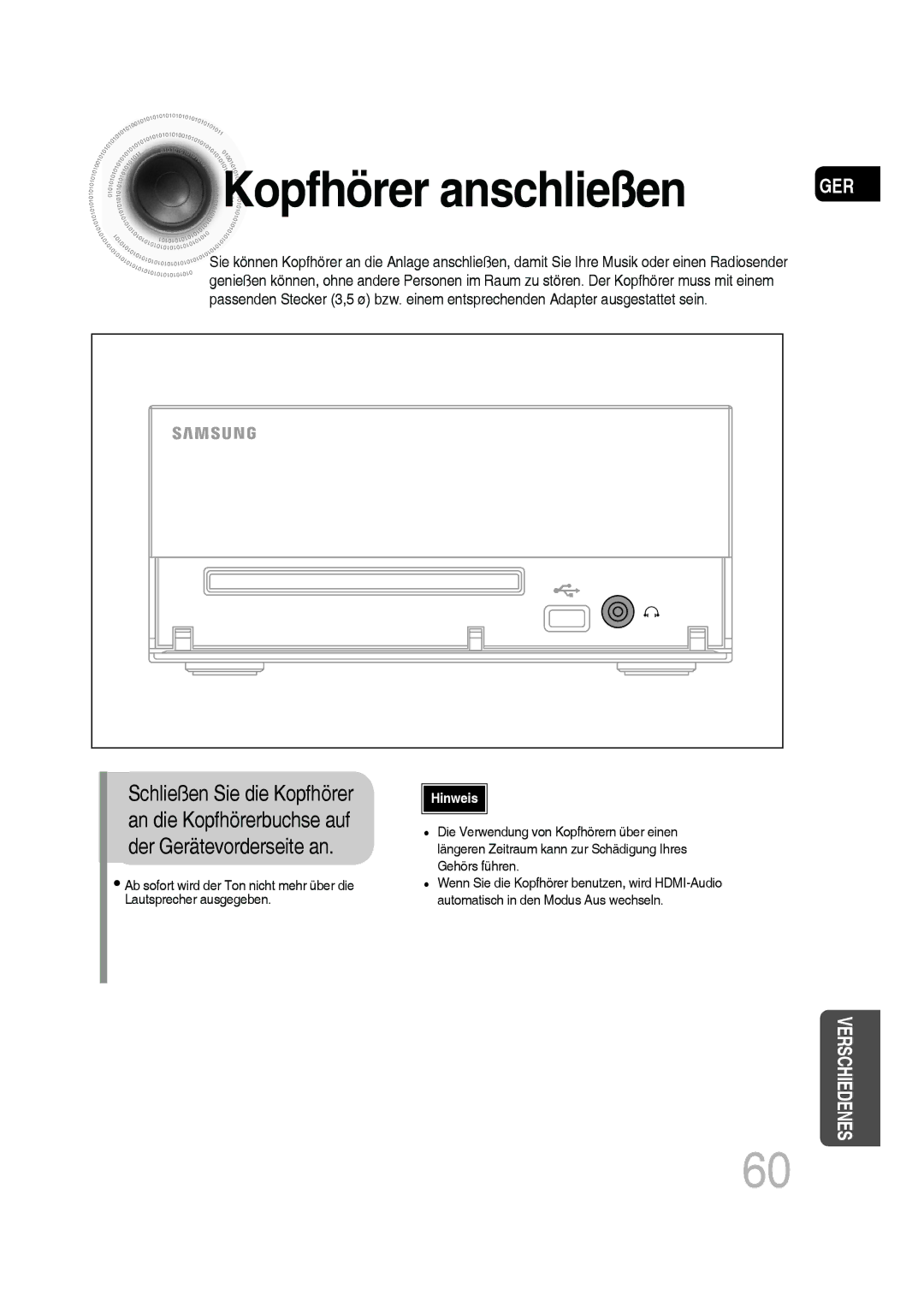 Samsung MM-D430D/ZF, MM-D530D/XN, MM-D430D/EN, MM-D430D/XN, MM-D530D/EN, MM-D430D/ZX, MM-D530D/RU manual Kopfhörer anschließen 