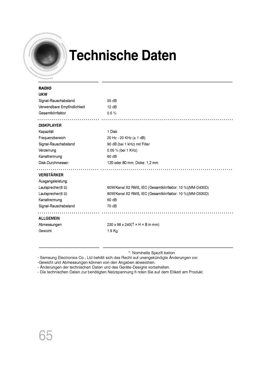 Samsung MM-D430D/ZX, MM-D530D/XN, MM-D430D/EN, MM-D430D/XN, MM-D530D/EN, MM-D530D/RU, MM-D430D/ZF Technische Daten, Diskplayer 