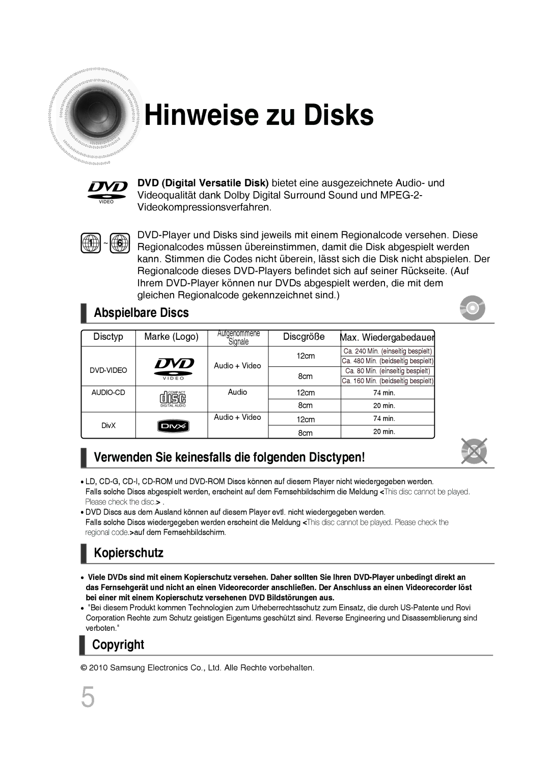 Samsung MM-D530D/XN Hinweise zu Disks, Abspielbare Discs, Verwenden Sie keinesfalls die folgenden Disctypen, Kopierschutz 