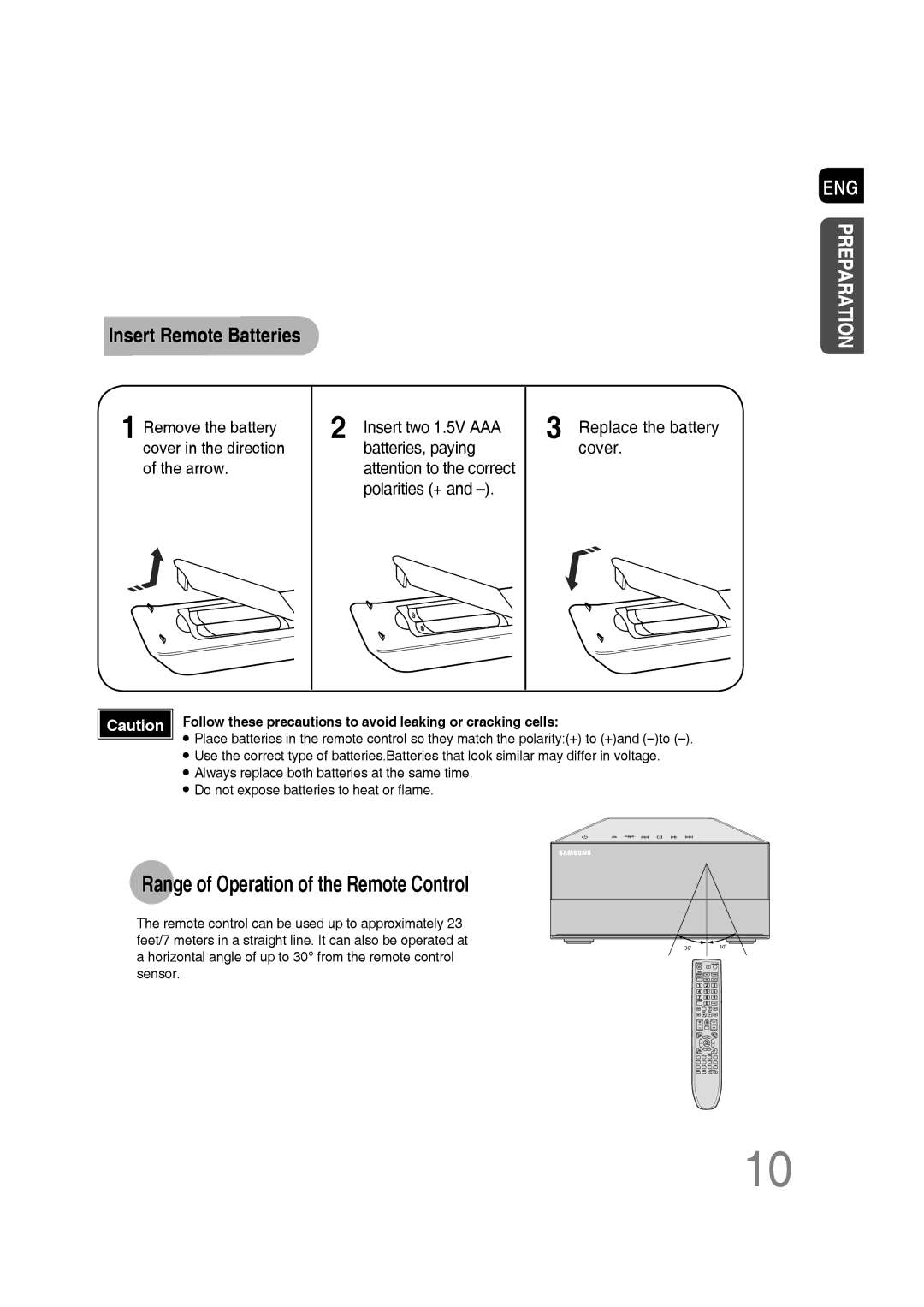 Samsung MM-D530D/EN, MM-D530D/XN, MM-D430D/EN, MM-D430D/XN Range of Operation of the Remote Control, Insert Remote Batteries 