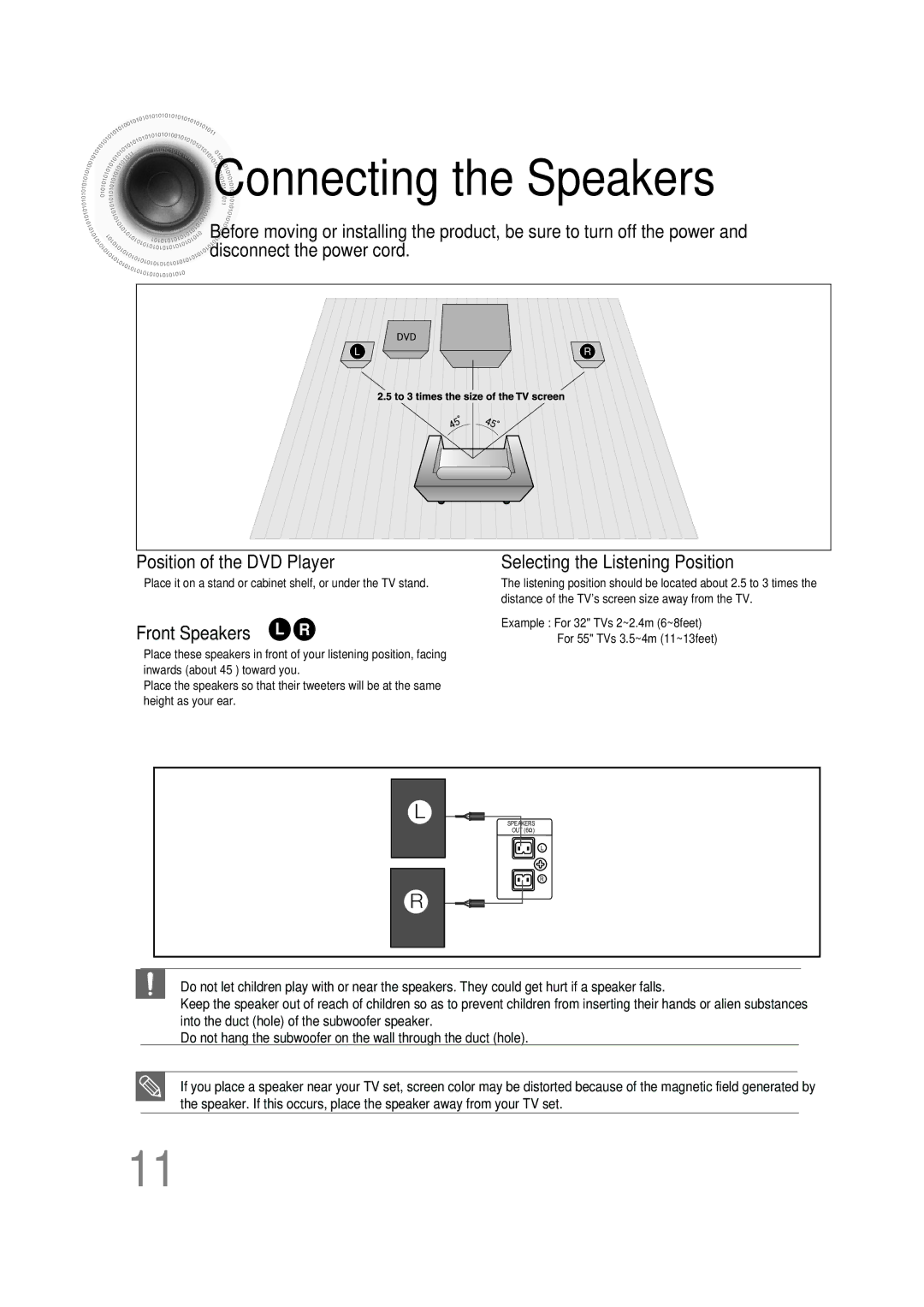 Samsung MM-D430D/ZX, MM-D530D/XN, MM-D430D/EN Connecting the Speakers, Front Speakers L R Selecting the Listening Position 