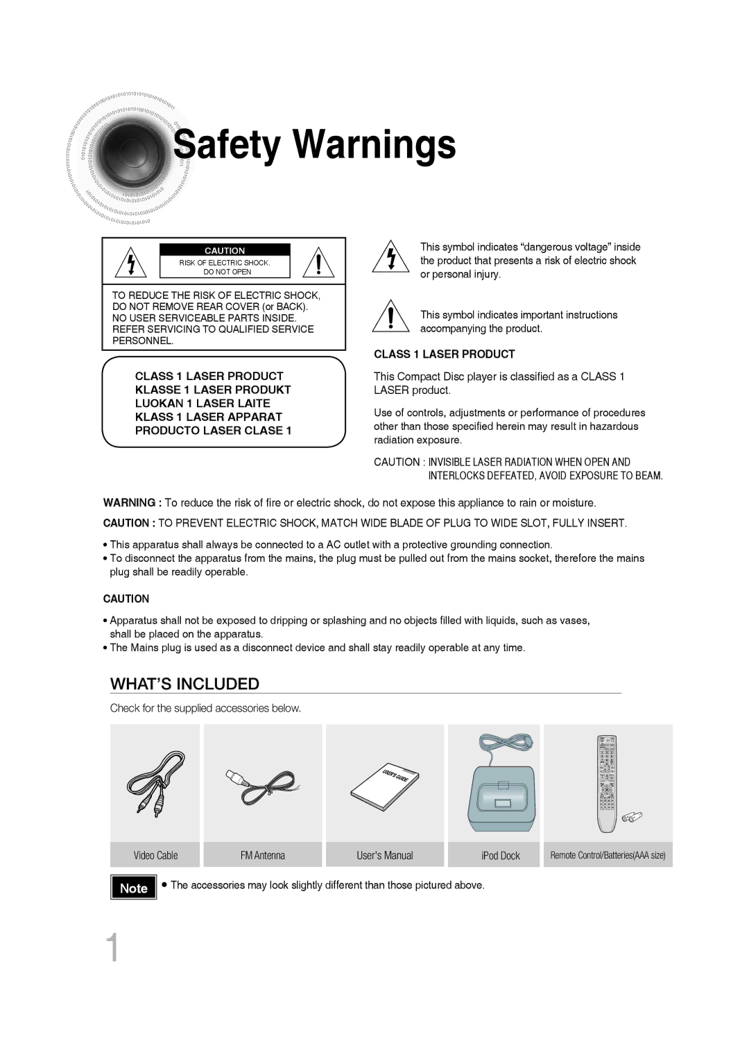 Samsung MM-D530D/EN, MM-D530D/XN, MM-D430D/EN, MM-D430D/XN, MM-D430D/ZX, MM-D530D/RU Safety Warnings, Class 1 Laser Product 