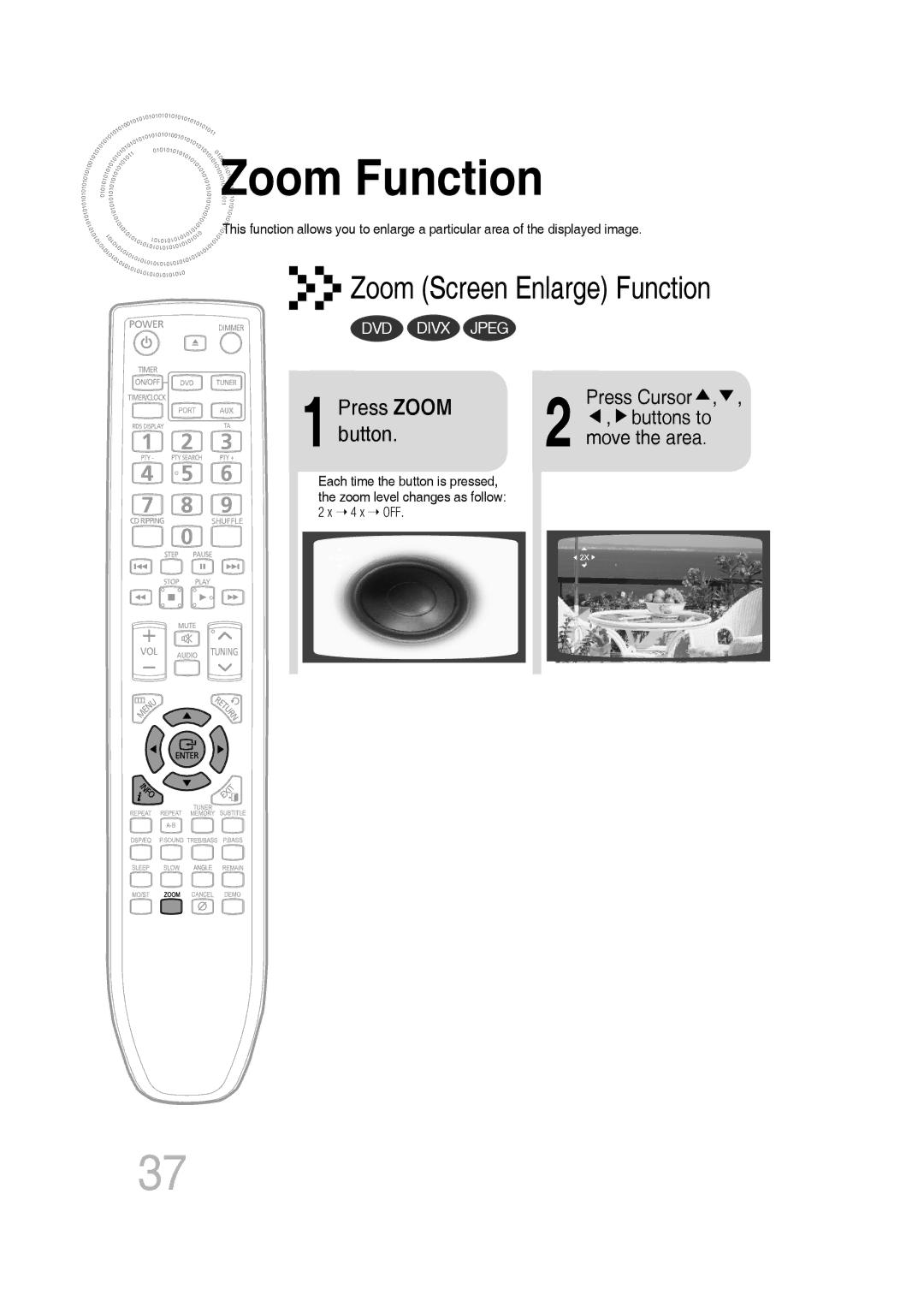 Samsung MM-D530D/EN, MM-D530D/XN, MM-D430D/EN, MM-D430D/XN, MM-D430D/ZX, MM-D530D/RU manual Zoom Function, Press Zoom, Button 