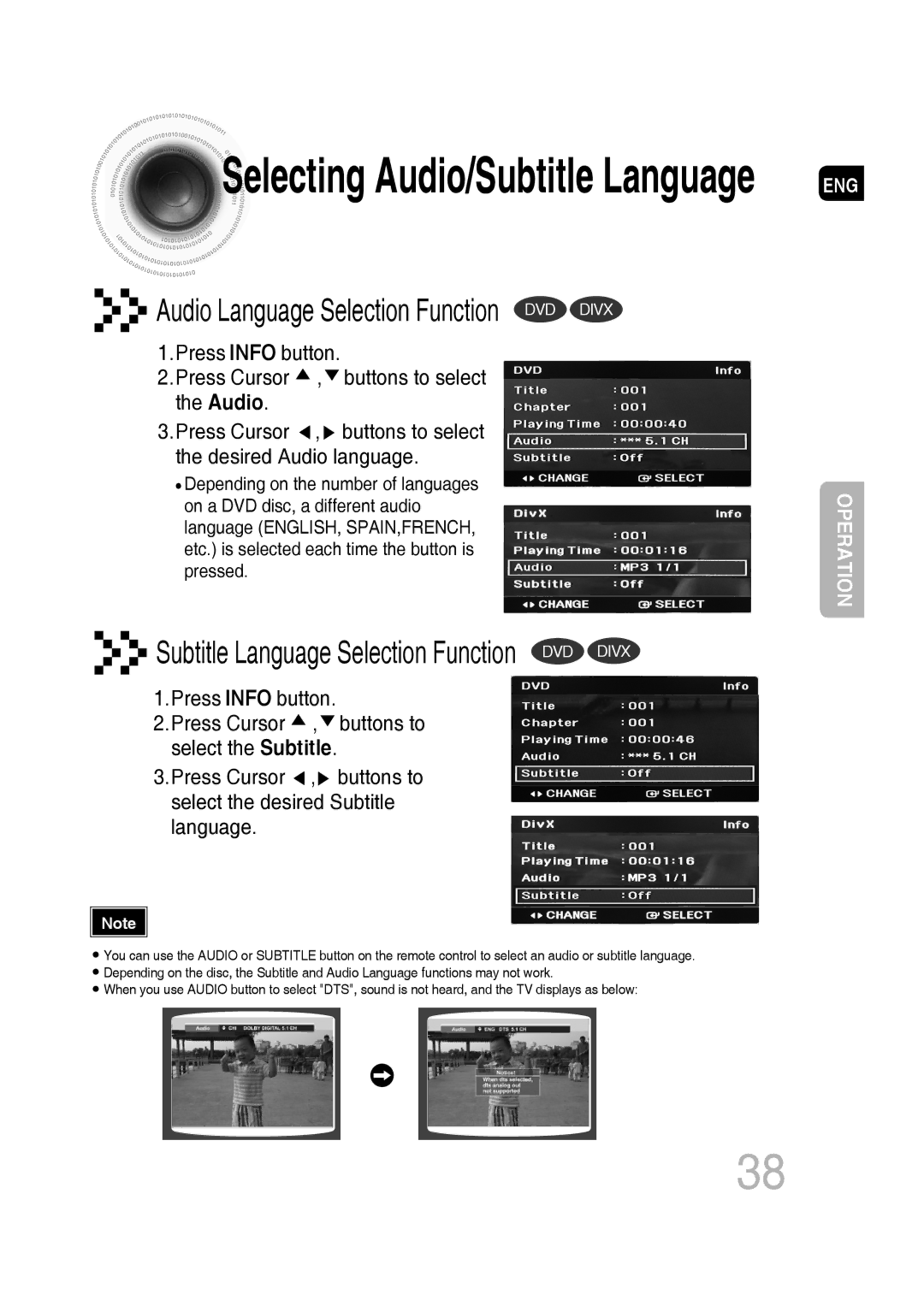 Samsung MM-D430D/ZX, MM-D530D/XN, MM-D430D/EN, MM-D430D/XN, MM-D530D/EN, MM-D530D/RU manual Selecting Audio/Subtitle Language 