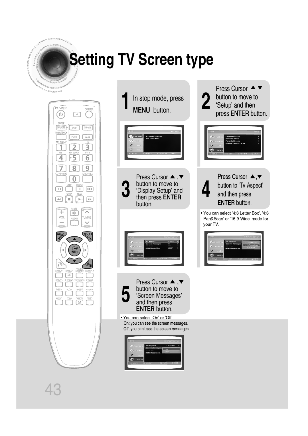 Samsung MM-D530D/XN, MM-D430D/EN, MM-D430D/XN, MM-D530D/EN, MM-D430D/ZX Setting TV Screen type, Stop mode, press, Menu button 