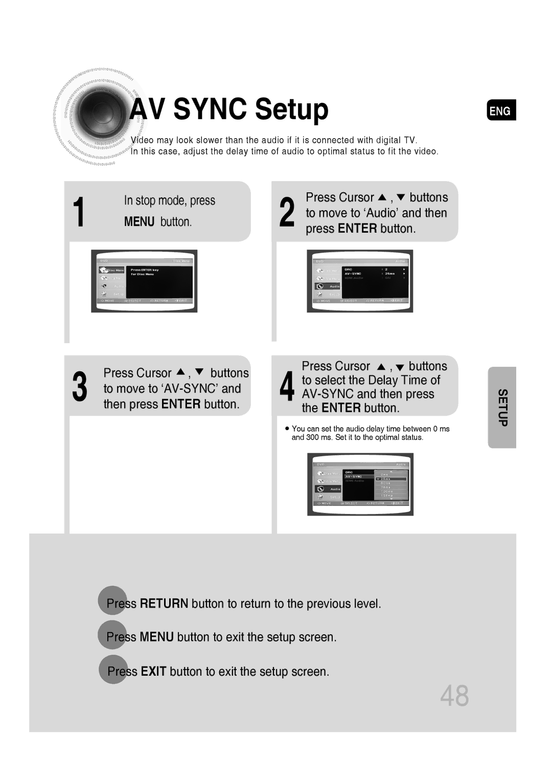 Samsung MM-D530D/RU, MM-D530D/XN, MM-D430D/EN, MM-D430D/XN manual AV Sync Setup, Stop mode, press Press Cursor , buttons 