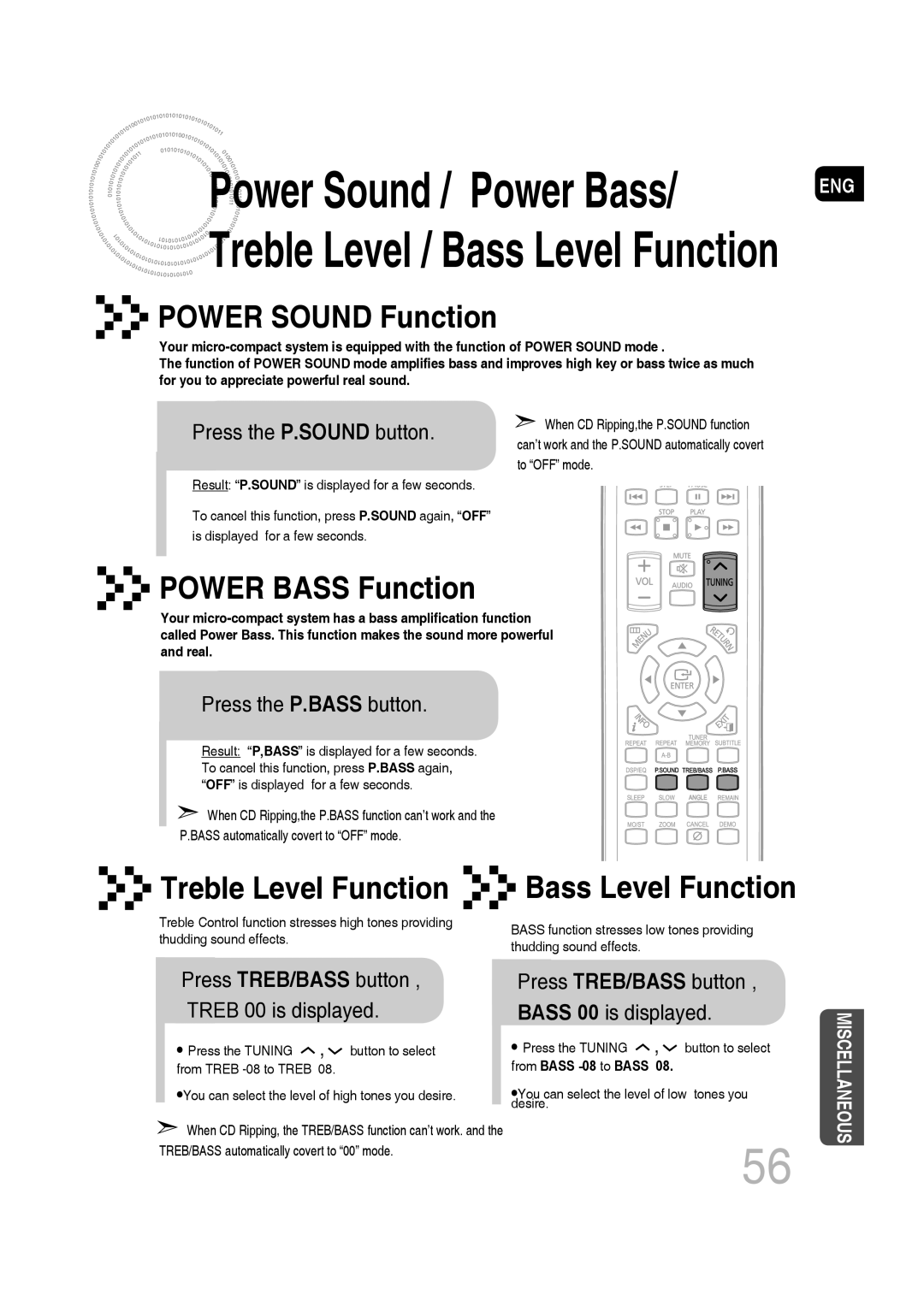 Samsung MM-D430D/ZX manual Power Sound Function, Power Bass Function, Press the P.SOUND button, Press the P.BASS button 