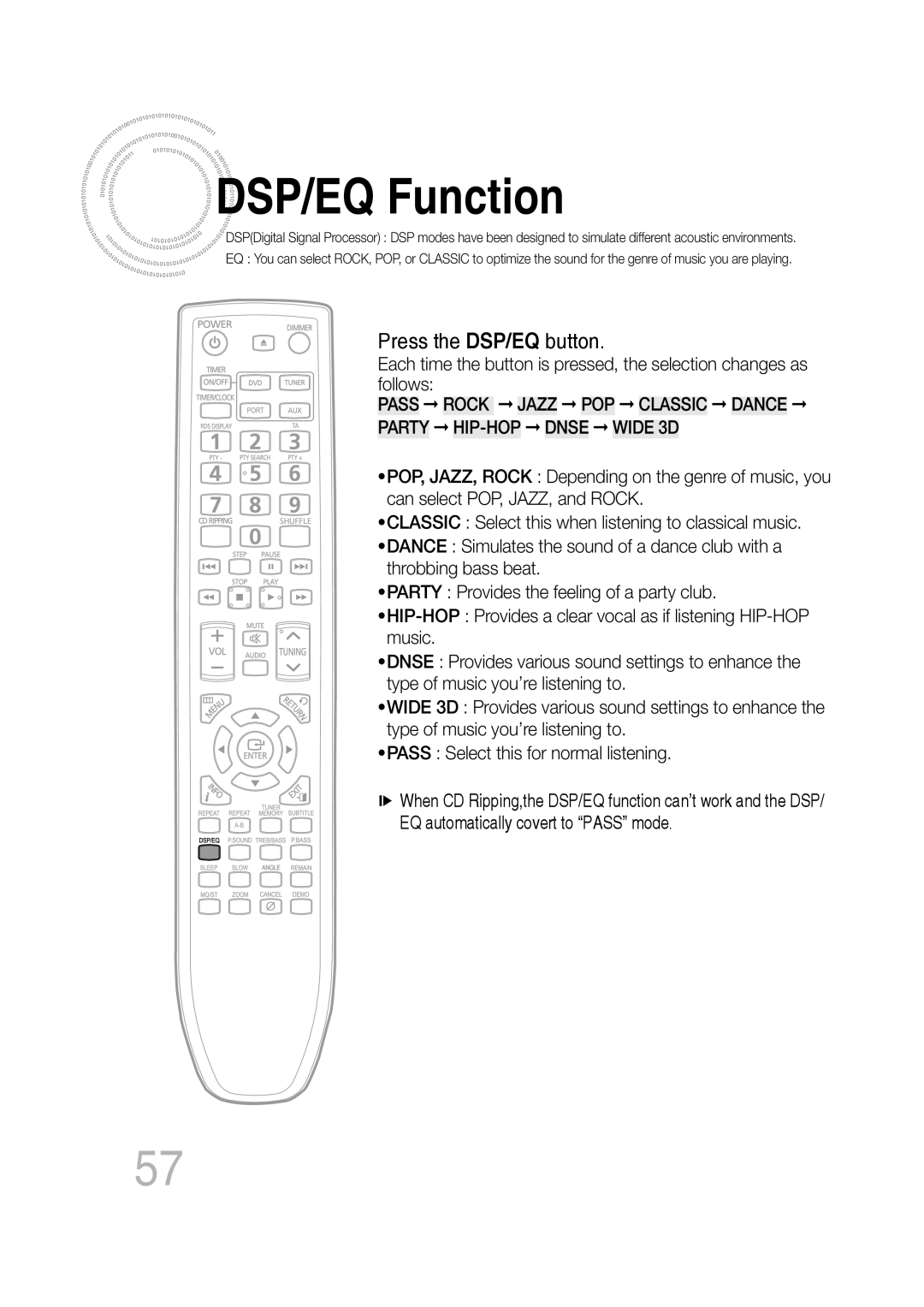 Samsung MM-D530D/RU, MM-D530D/XN, MM-D430D/EN, MM-D430D/XN, MM-D530D/EN, MM-D430D/ZX DSP/EQ Function, Press the DSP/EQ button 