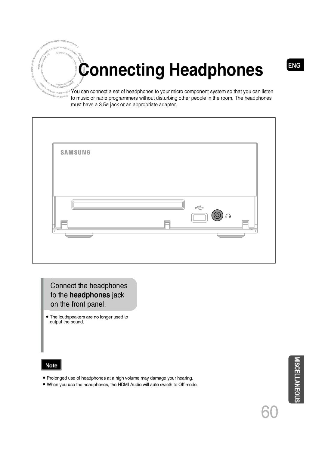 Samsung MM-D430D/XE, MM-D530D/XN, MM-D430D/EN, MM-D430D/XN, MM-D530D/EN, MM-D430D/ZX, MM-D530D/RU manual Connecting Headphones 