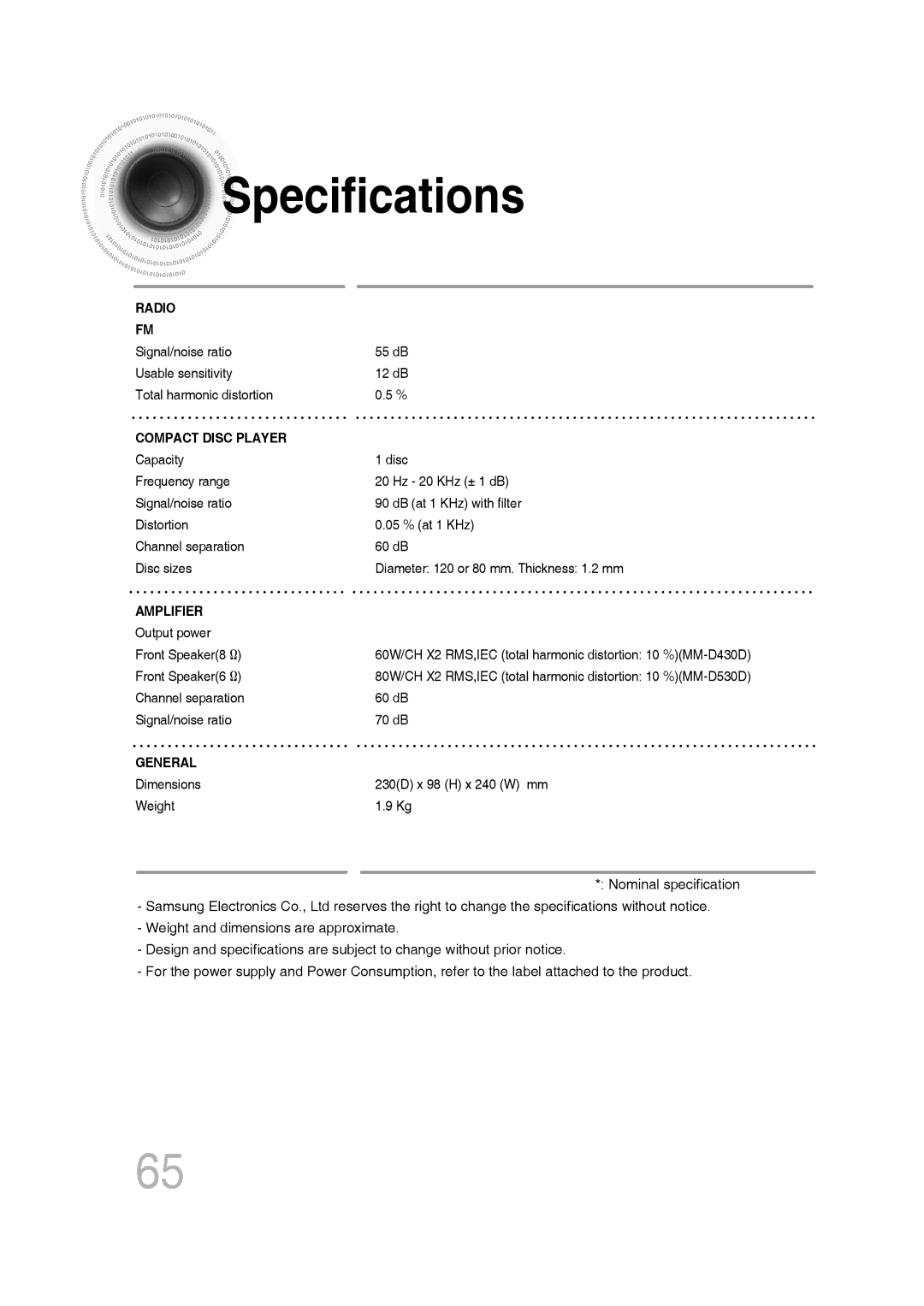 Samsung MM-D430D/ZX, MM-D530D/XN, MM-D430D/EN, MM-D430D/XN, MM-D530D/EN, MM-D530D/RU manual Specifications, Compact Disc Player 