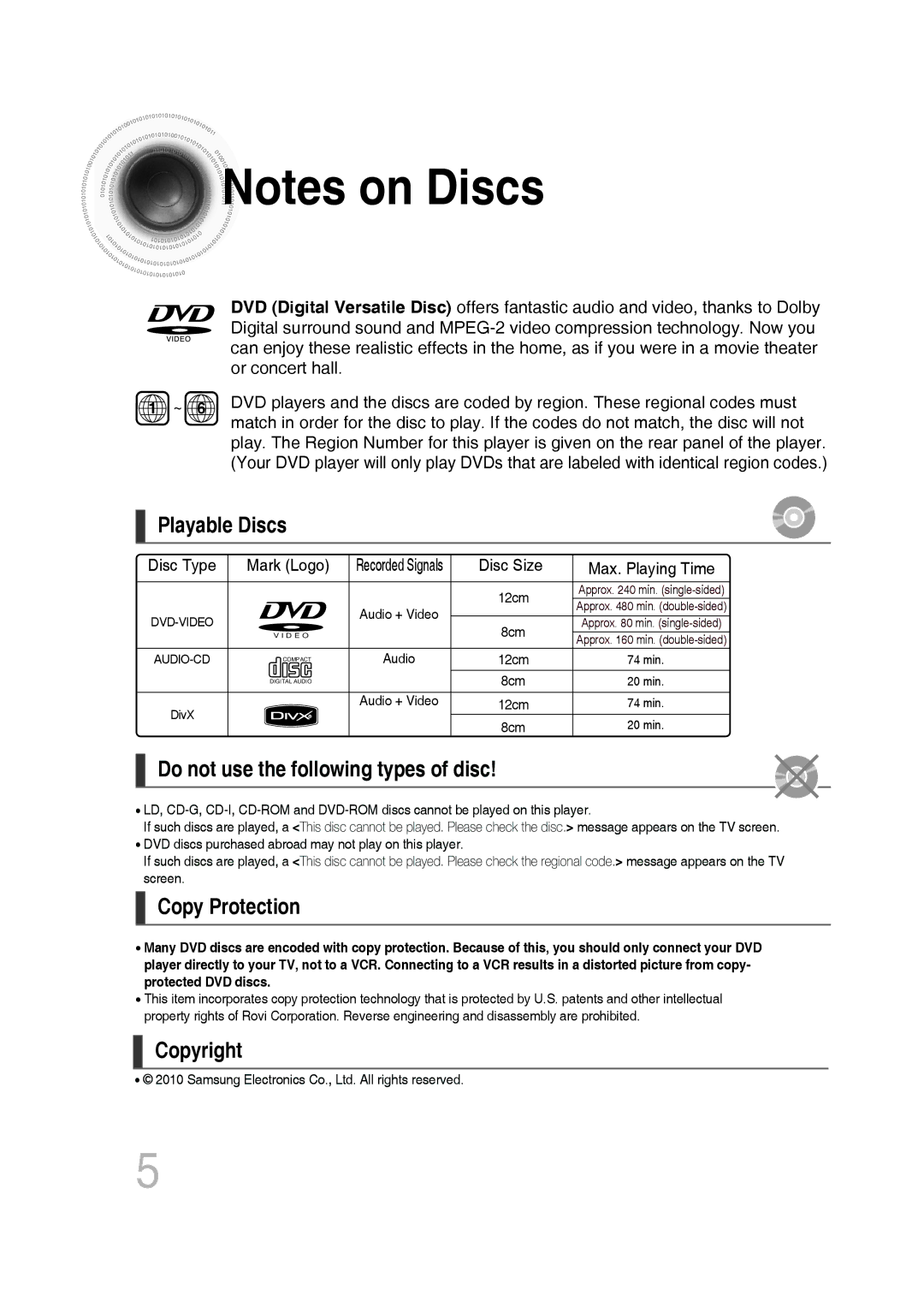 Samsung MM-D530D/XE, MM-D530D/XN manual Playable Discs, Do not use the following types of disc, Copy Protection, Copyright 