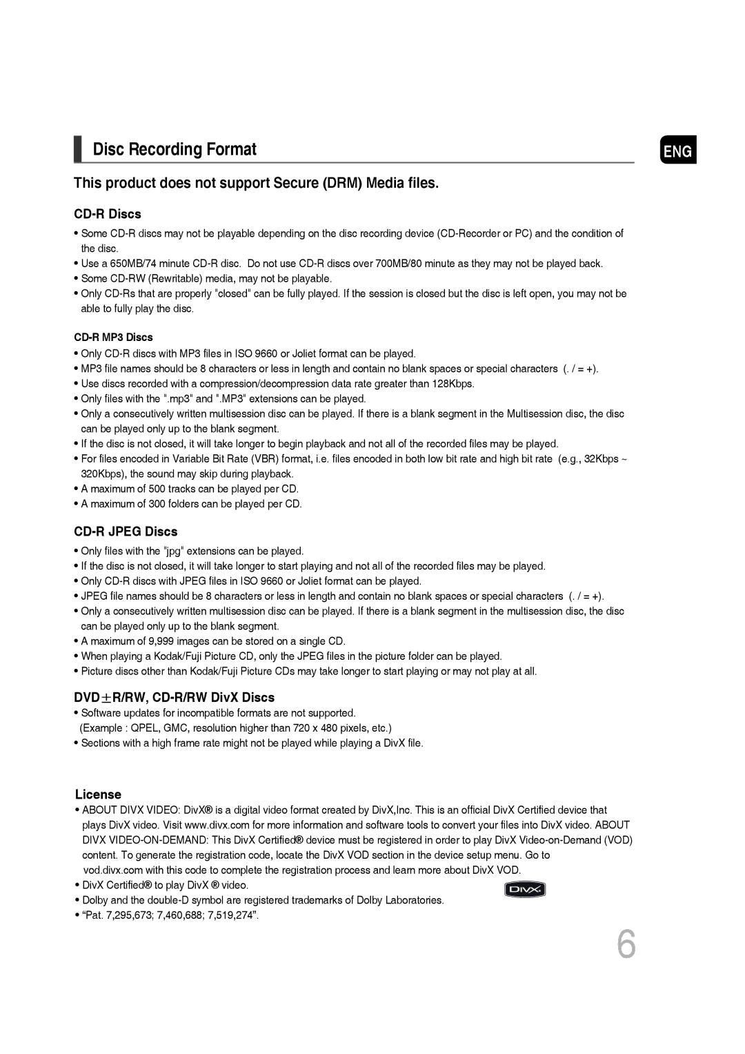 Samsung MM-D430D/XE, MM-D530D/XN, MM-D430D/EN, MM-D430D/XN, MM-D530D/EN, MM-D430D/ZX, MM-D530D/RU manual Disc Recording Format 