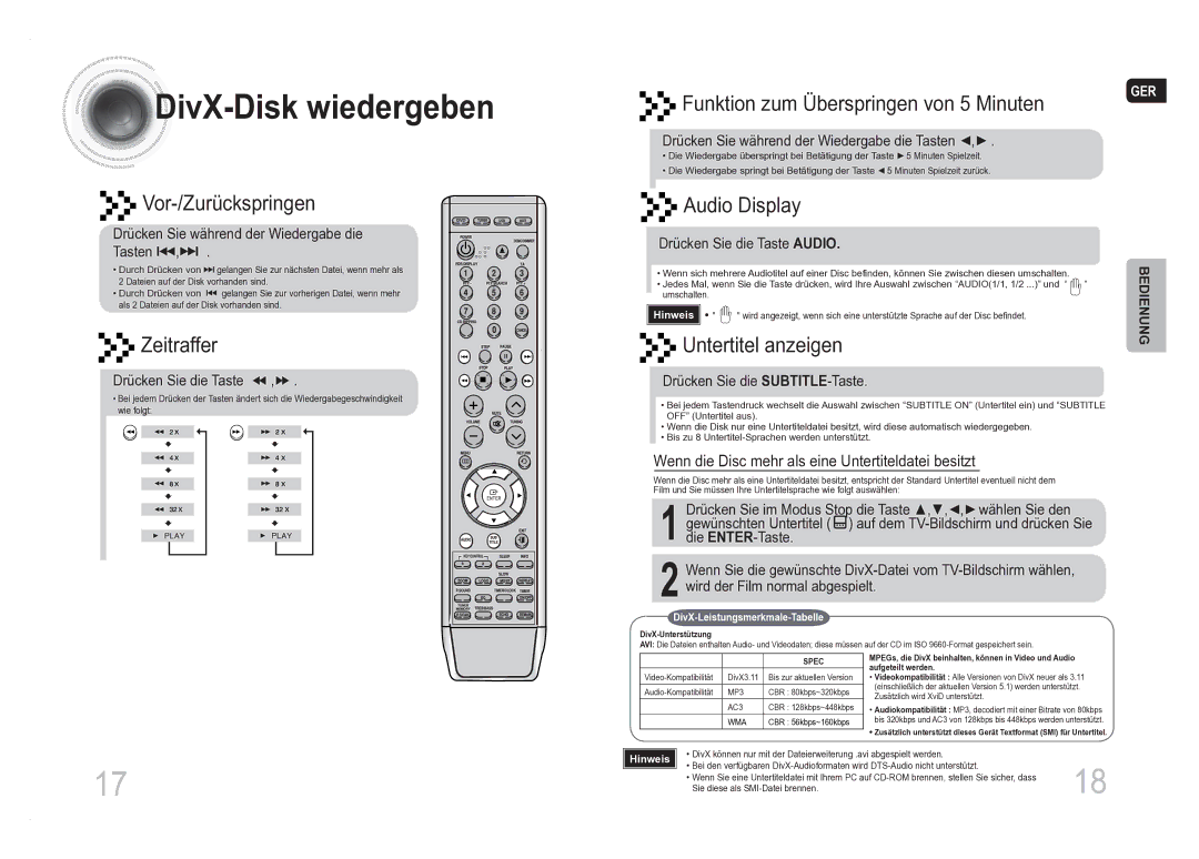 Samsung MM-DA25R/EDC, MM-DA25R/XEF manual DivX -Disk wiedergeben 