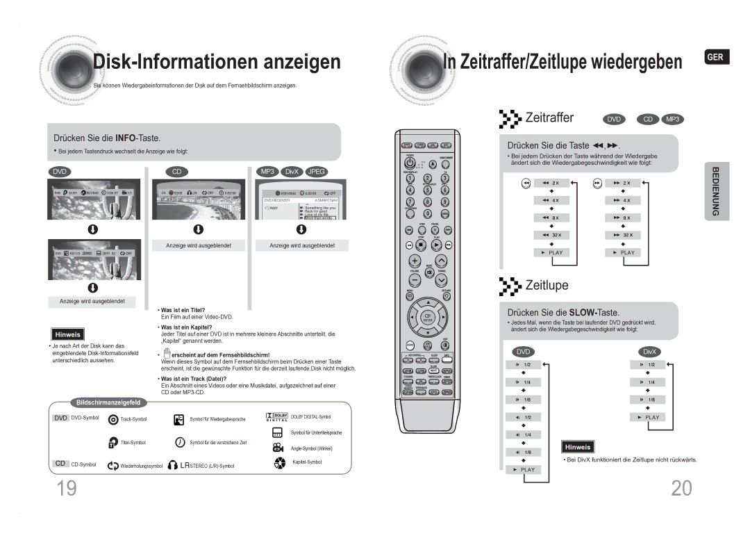 Samsung MM-DA25R/XEF manual Zeitlupe, Drücken Sie die INFO-Taste, Drücken Sie die Taste ,, Drücken Sie die SLOW-Taste 