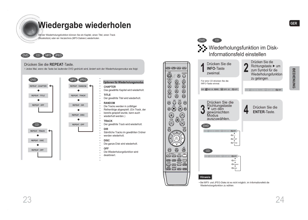 Samsung MM-DA25R/XEF, MM-DA25R/EDC manual Wiedergabe wiederholen, Drücken Sie die REPEAT-Taste, INFO-Taste zweimal 