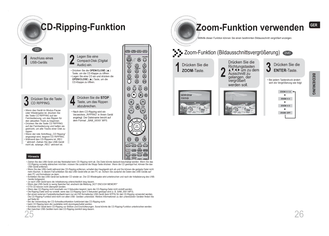 Samsung MM-DA25R/EDC CD -Ripping-Funktion, Zoom -Funktion verwenden GER, Zoom-Funktion Bildausschnittsvergrößerung DVD 