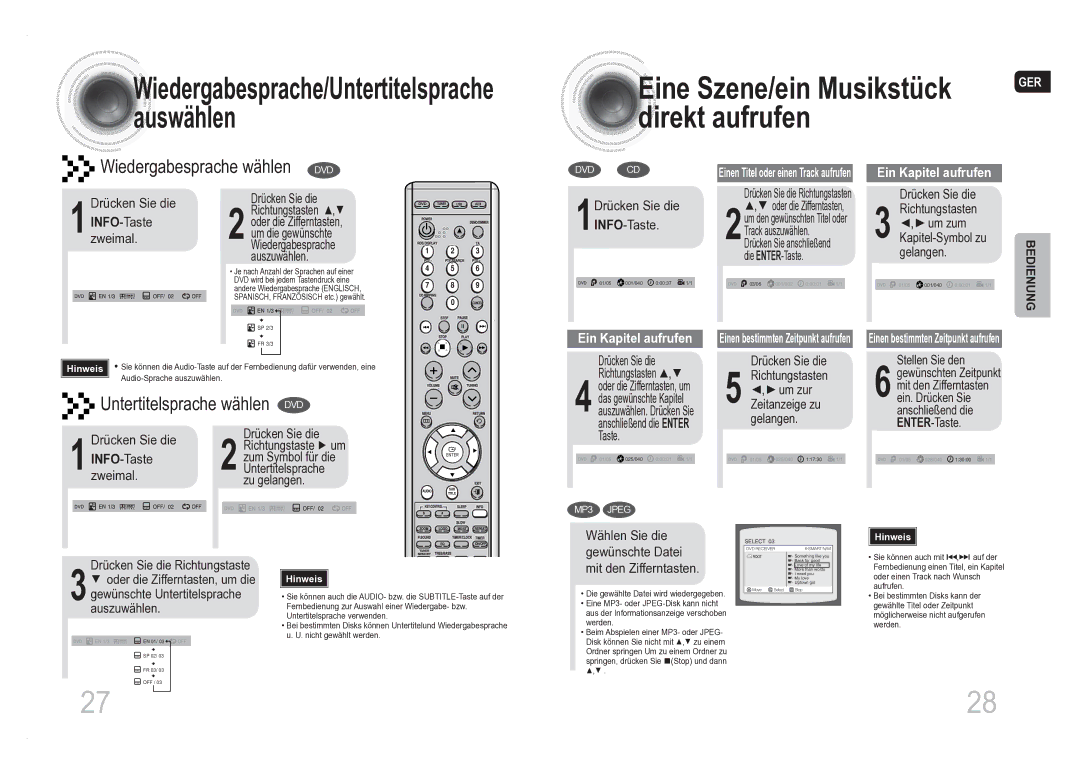 Samsung MM-DA25R/XEF, MM-DA25R/EDC manual Direkt aufrufen, Eine Szene/ein Musikstück, Wiedergabesprache wählen DVD 