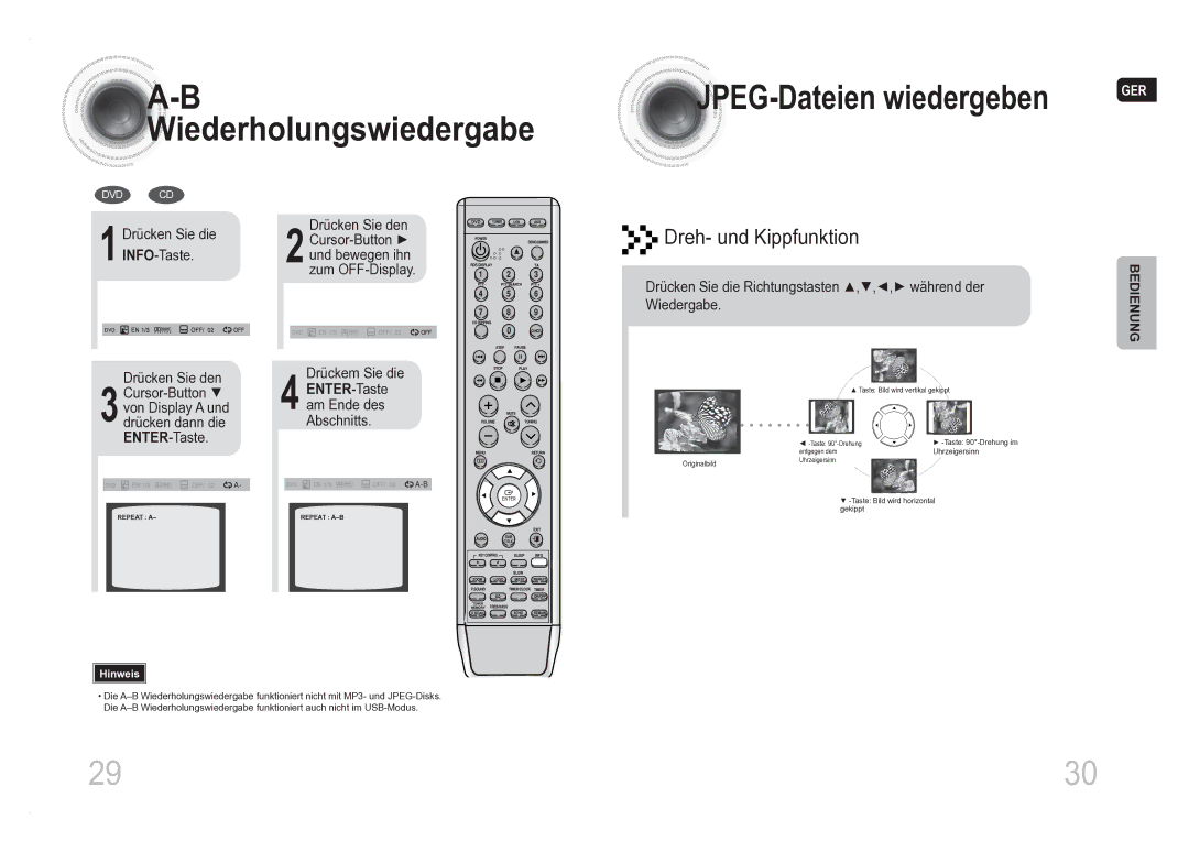 Samsung MM-DA25R/EDC, MM-DA25R/XEF manual JPEG-Dateien wiedergeben, Wiederholungswiedergabe, Dreh- und Kippfunktion 