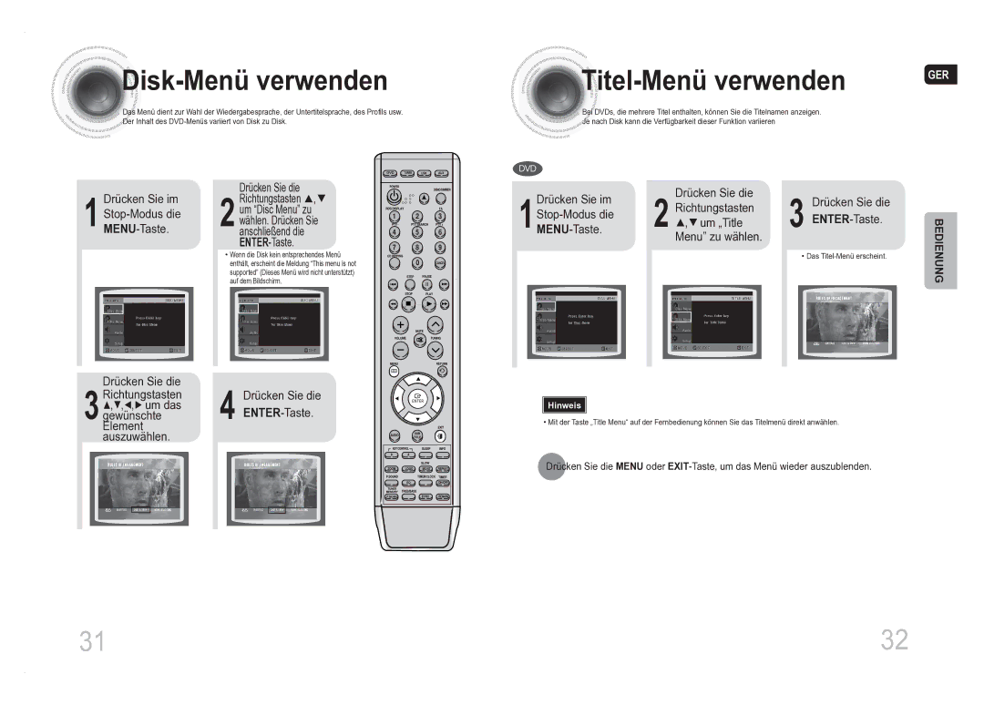 Samsung MM-DA25R/XEF, MM-DA25R/EDC Disk -Menü verwenden, Titel -Menü verwenden, 1Drücken Sie im Stop-Modus die MENU-Taste 