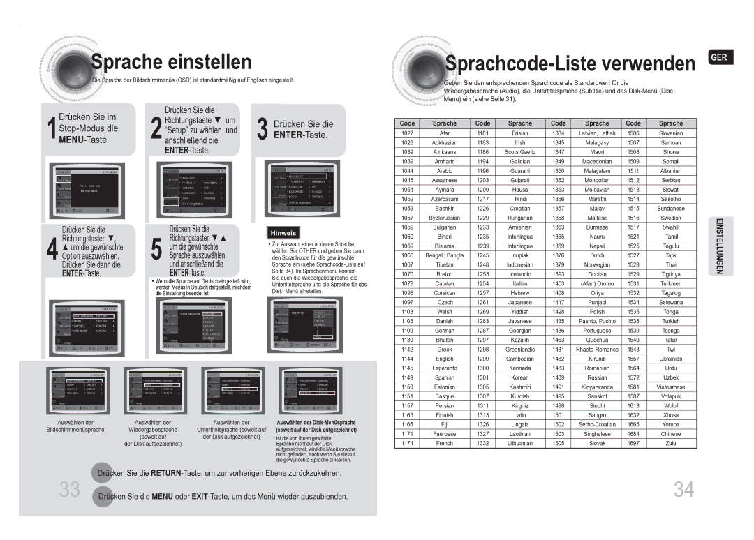 Samsung MM-DA25R/EDC, MM-DA25R/XEF manual Sprache einstellen, Sprachcode -Liste verwenden GER, Sprache Code 