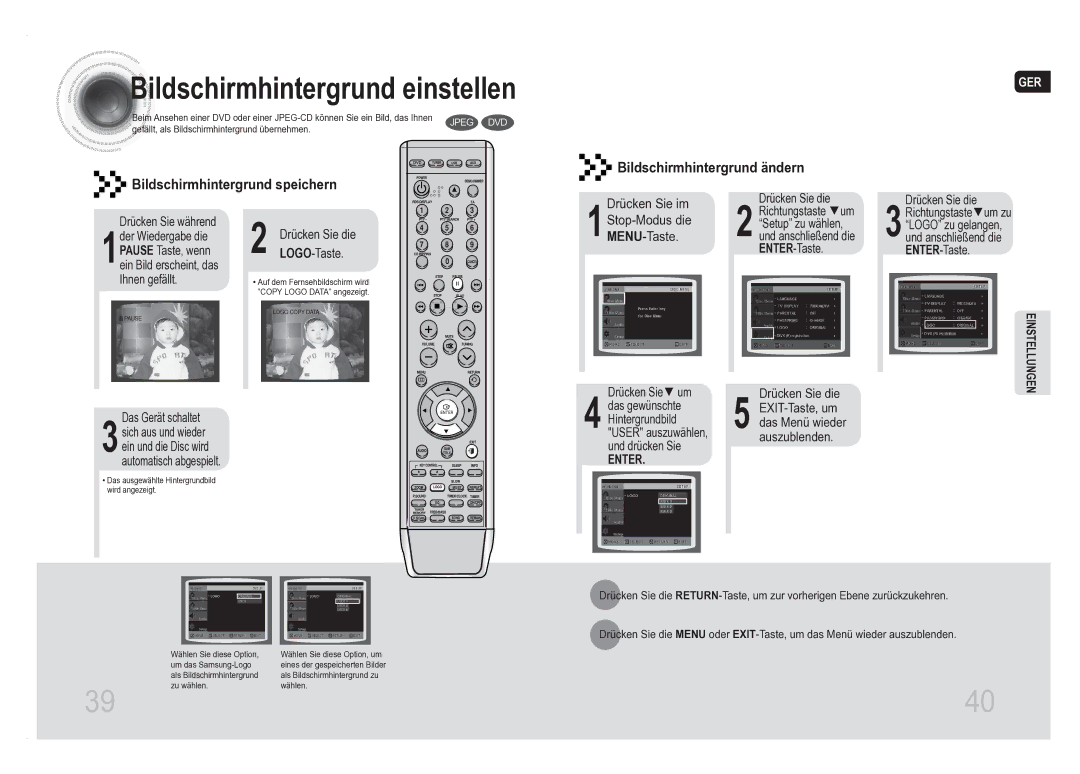 Samsung MM-DA25R/XEF manual Bildschirmhintergrund einstellen, 1MENU-Taste, ENTER-Taste, Das Gerät schaltet, Drücken Sie um 