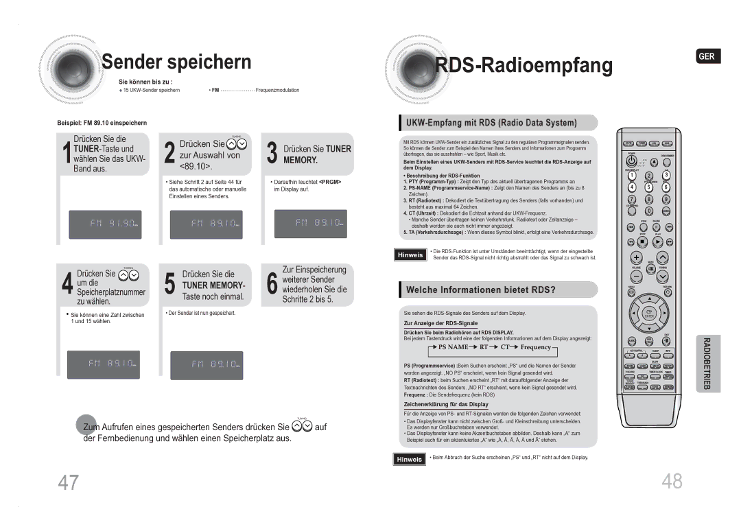 Samsung MM-DA25R/XEF, MM-DA25R/EDC manual RDS-Radioempfang, Sender speichern, UKW-Empfang mit RDS Radio Data System 