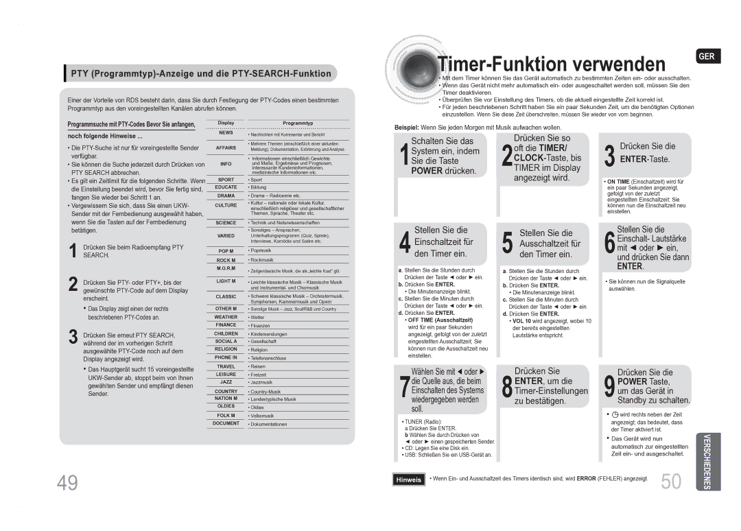 Samsung MM-DA25R/EDC manual Timer-Funktion verwenden, PTY Programmtyp-Anzeige und die PTY-SEARCH-Funktion, Power Taste 