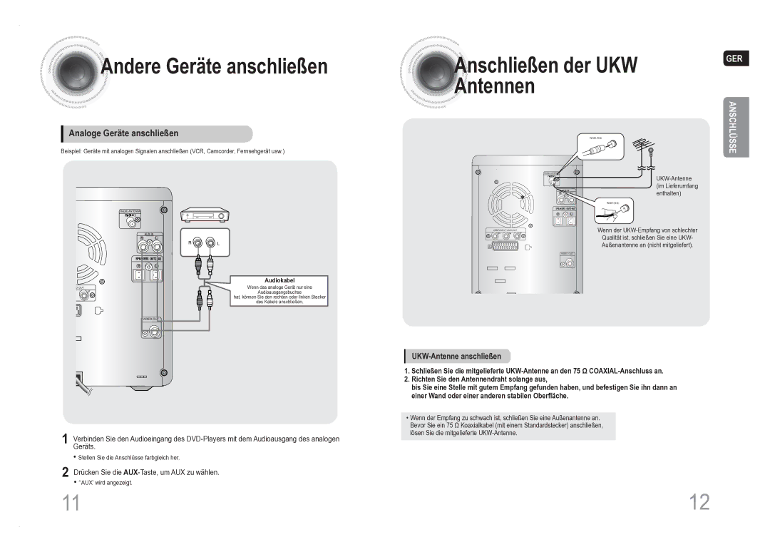 Samsung MM-DA25R/XEF, MM-DA25R/EDC Andere Geräte anschließen, Anschließen der UKW Antennen, Analoge Geräte anschließen 