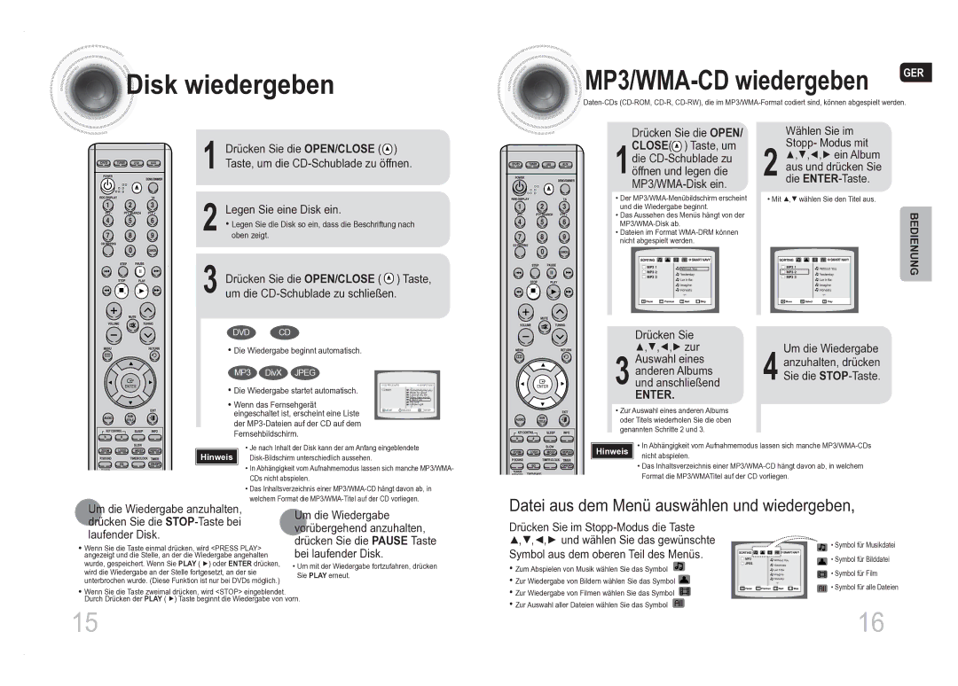 Samsung MM-DA25R/XEF, MM-DA25R/EDC manual Disk wiedergeben, Datei aus dem Menü auswählen und wiedergeben 