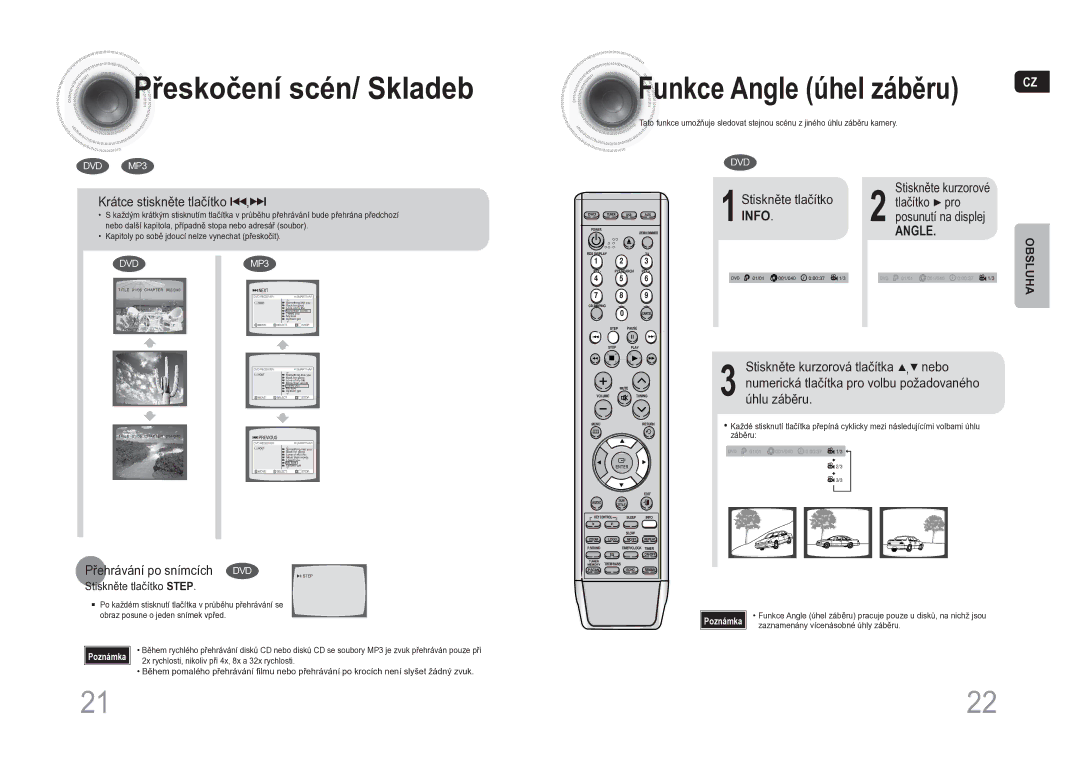 Samsung MM-DA25R/EDC manual Řeskočení scén/ Skladeb, Funkce Angle úhel záběru, Info 