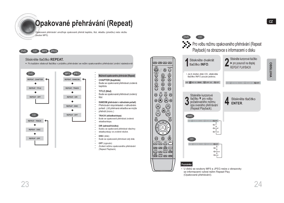 Samsung MM-DA25R/EDC manual Opakované přehrávání Repeat, Enter 