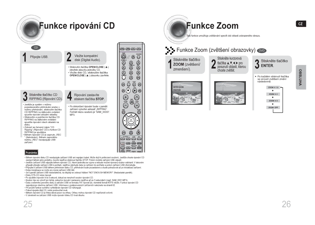 Samsung MM-DA25R/EDC Funkce ripování CD Funkce Zoom, Stiskněte kurzorová, 1Stiskněte tlačítko Zoom zvětšení/ zmenšení 