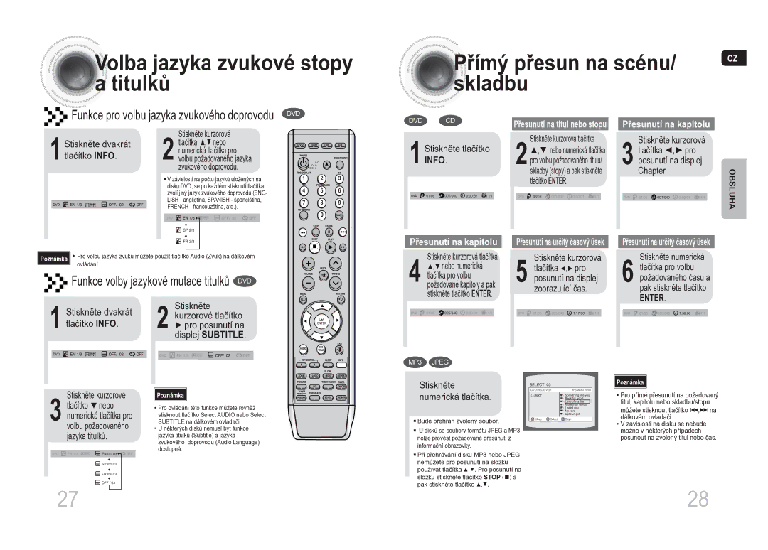 Samsung MM-DA25R/EDC manual Volba jazyka zvukové stopy a titulků, Přímý přesun na scénu Skladbu, 1INFO 