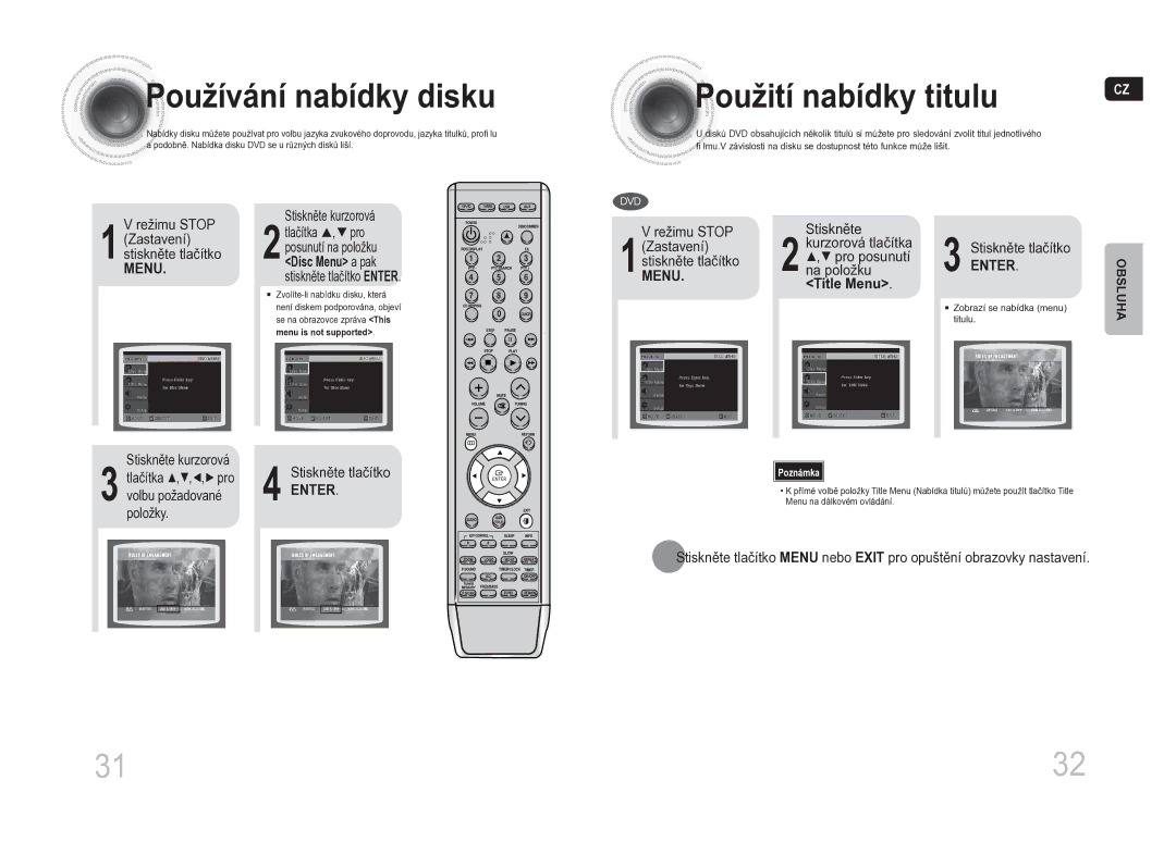 Samsung MM-DA25R/EDC manual Používání nabídky disku Použití nabídky titulu, 2Disc Menu a pak, 1MENU, Title Menu 