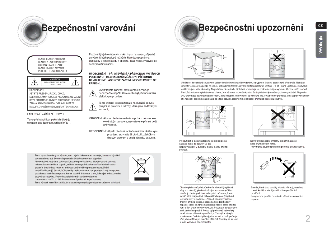 Samsung MM-DA25R/EDC manual Bezpe čnostní varování Bezpečnostní upozornění, Příprava 