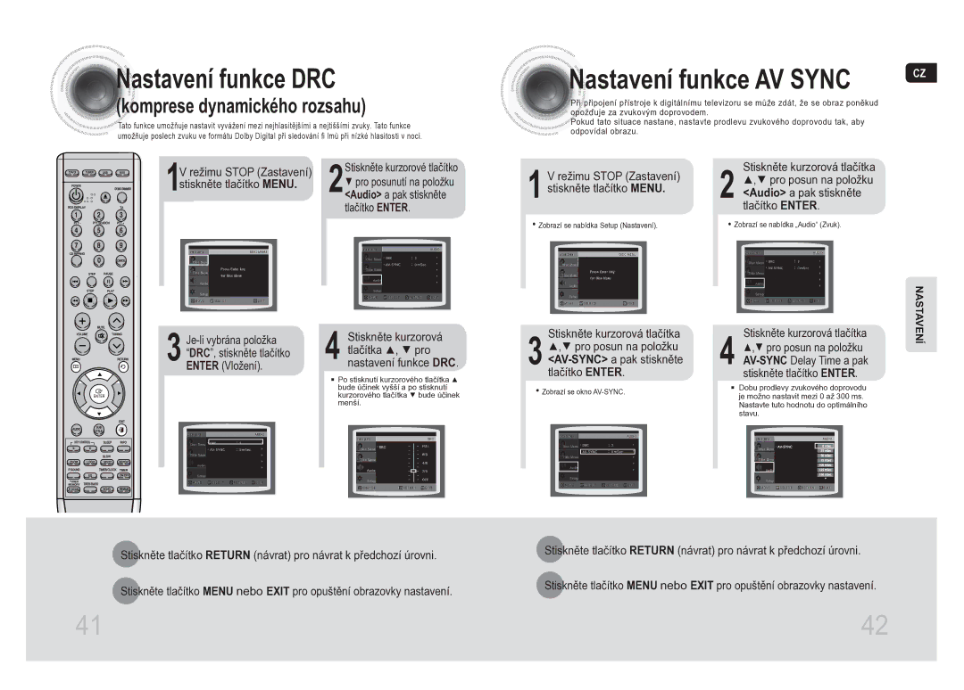 Samsung MM-DA25R/EDC manual Nastavení funkce DRC, Nastavení funkce AV Sync 