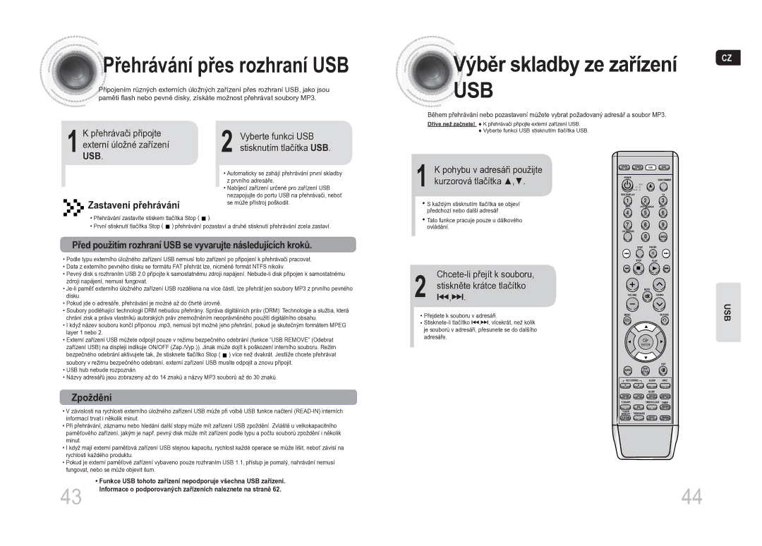 Samsung MM-DA25R/EDC manual Usb, Řehrávání přes rozhraní USB, Chcete-li přejít k souboru Stiskněte krátce tlačítko #,$ 