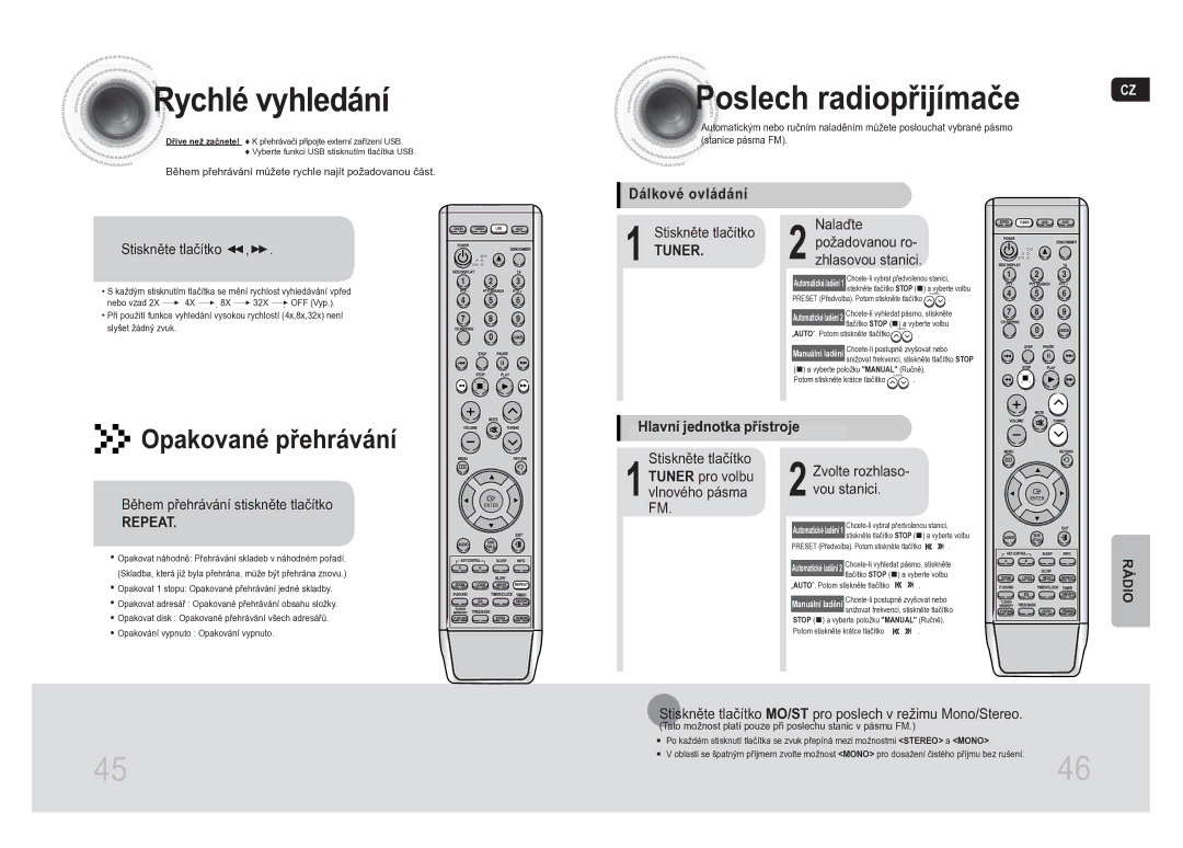 Samsung MM-DA25R/EDC manual Rychlé vyhledání, Poslech radiopřijímače, Tuner, Repeat 