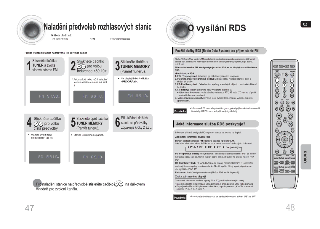 Samsung MM-DA25R/EDC manual Vysílání RDS, Použití služby RDS Radio Data System pro příjem stanic FM 