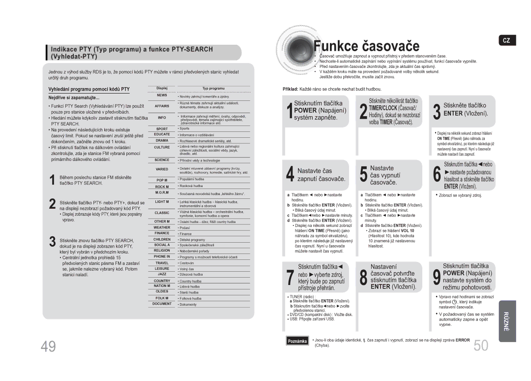 Samsung MM-DA25R/EDC manual Funkce časovače, Indikace PTY Typ programu a funkce PTY-SEARCH Vyhledat-PTY, Nastavení 