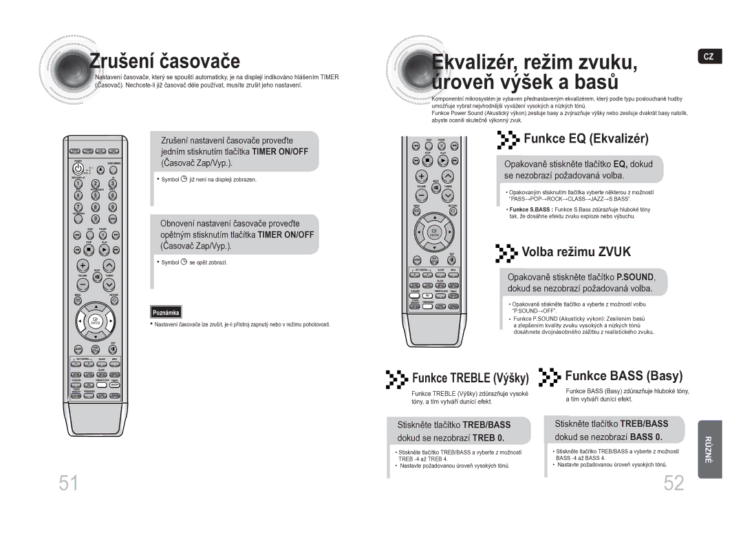 Samsung MM-DA25R/EDC Zrušení časovače, Ekvalizér, režim zvuku Úroveň výšek a basů, Funkce EQ Ekvalizér, Volba režimu Zvuk 