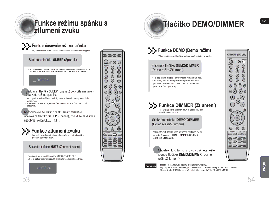 Samsung MM-DA25R/EDC Tla čítko DEMO/DIMMER, Funkce časovače režimu spánku, Funkce ztlumení zvuku, Funkce Demo Demo režim 