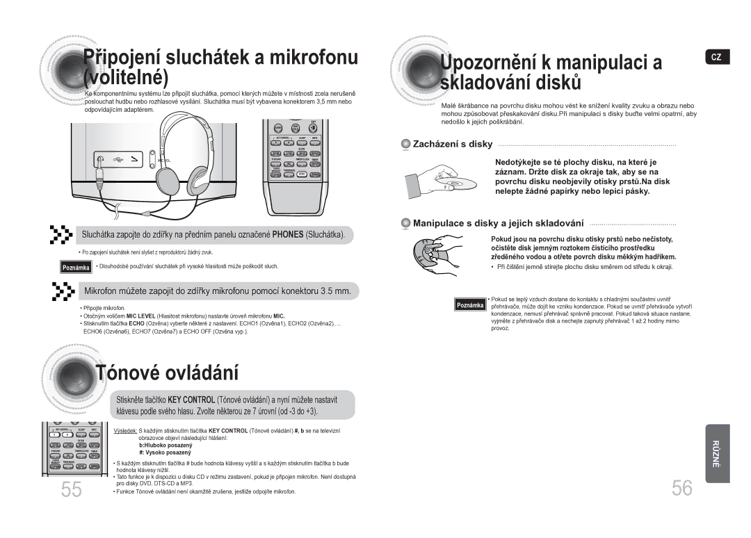 Samsung MM-DA25R/EDC manual Ipojení sluchátek a mikrofonu volitelné, Tónové ovládání, Zacházení s disky 