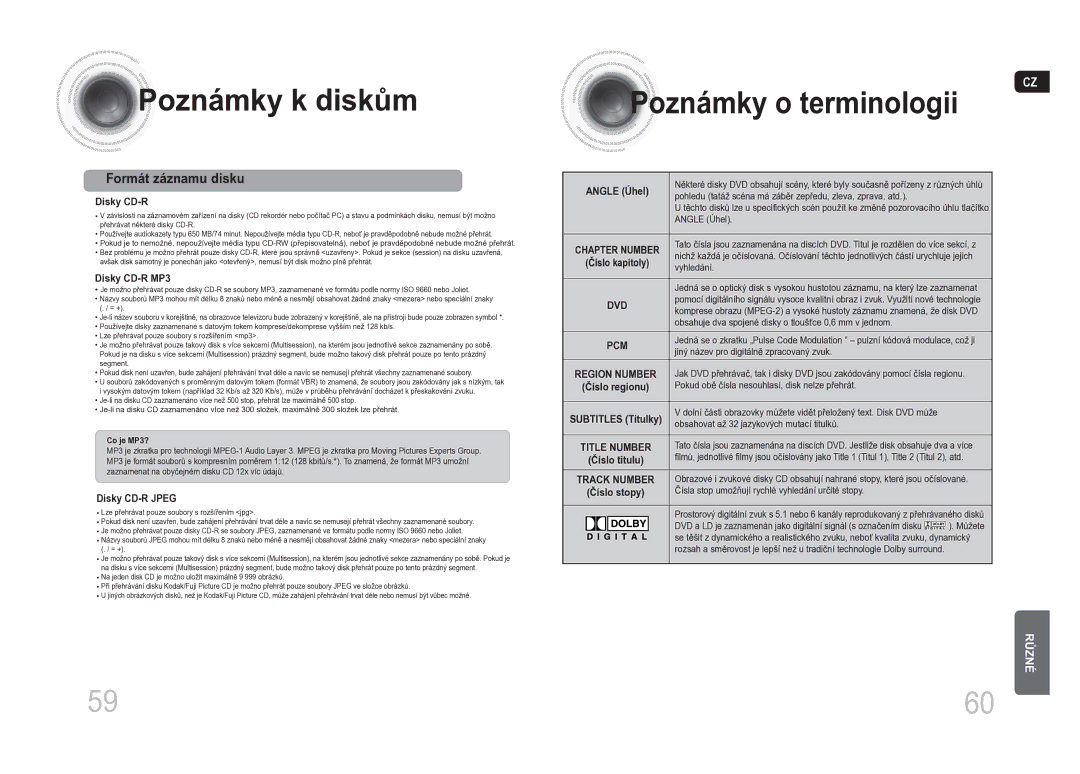 Samsung MM-DA25R/EDC manual Poznámky k diskům Poznámky o terminologii, Formát záznamu disku 