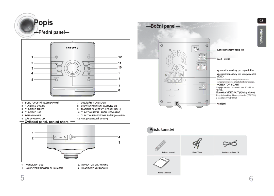 Samsung MM-DA25R/EDC manual Popis, Přední panel, Boční panel, Ovládací panel, pohled shora 