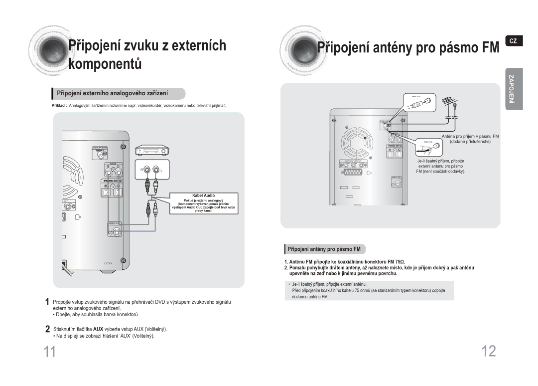 Samsung MM-DA25R/EDC manual Řipojení zvuku z externích komponentů, Připojení externího analogového zařízení 