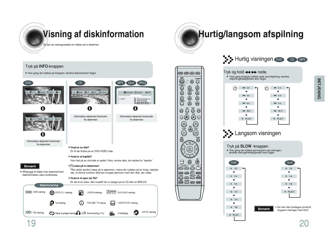 Samsung MM-DA25R/XEE manual Visning af diskinformation, Hurtig/langsom afspilning, Tryk på INFO-knappen, Hold Nede 