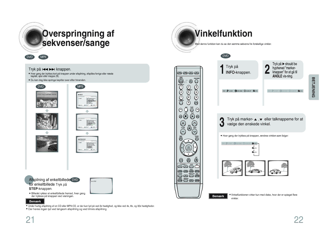 Samsung MM-DA25R/XEE Vinkelfunktion, Afspilning af enkeltbillede DVD for enkeltbillede Tryk på, INFO-knappen, STEP-knappen 