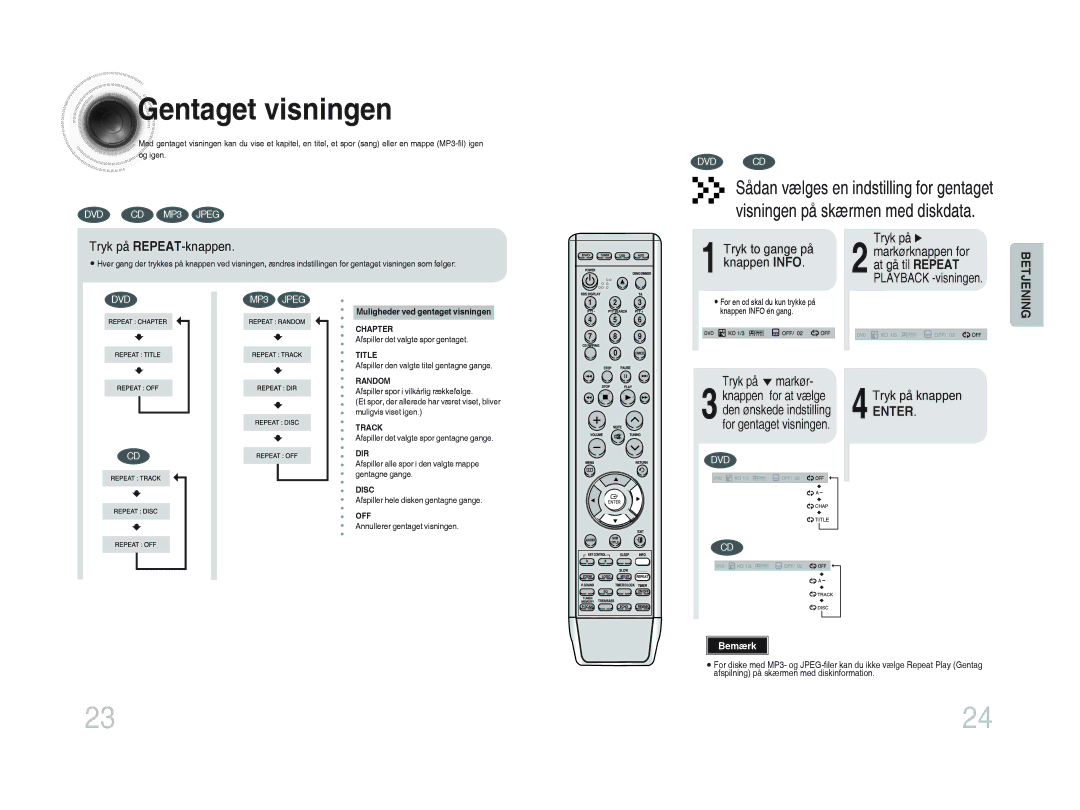 Samsung MM-DA25R/XEE manual Gentaget visningen, Tryk på REPEAT-knappen, Tryk på markør, 4Tryk på knappen 