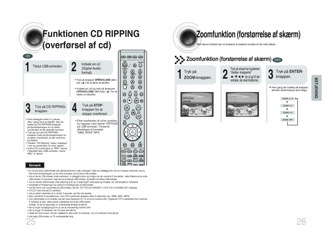 Samsung MM-DA25R/XEE manual Zoomfunktion forstørrelse af skærm DVD, Tryk på ZOOM-knappen, Område, der skal forstørres 